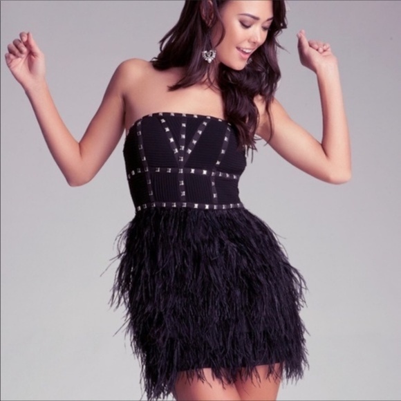 BEBE 'Isis' Black Feather Silver Studded Strapless Mini Dress SIZE: XS - Picture 1 of 8